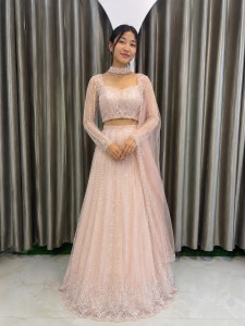 Peach Beaded Mermaid Skirt Set Full Sleeve