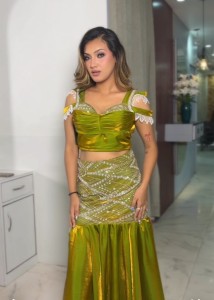 Mehendi Green Silk Beaded Eye Cup Blouse Mermaid Dress - MDMeGrBe035