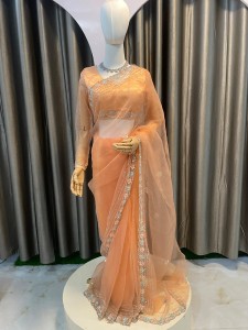 Orange Peach Organza Sari (Multi Sequins) - SOrPeOzMulSe014