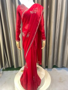 Red Sari with Peacock Design - SRPeaD007
