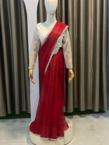 Red Organza Sari With Silver Lace White Blouse - SROzSi054