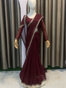 Dark Maroon Organza Sari with Golden Details - SMaOzGolD055