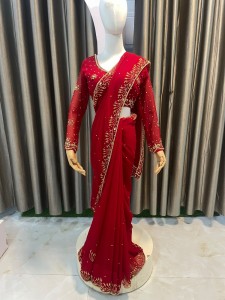 Red Sari Golden Work - SRGolD044