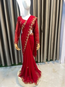 Red Golden Sari ( Golden Flower Design in Border ) - SRGolDFloD043