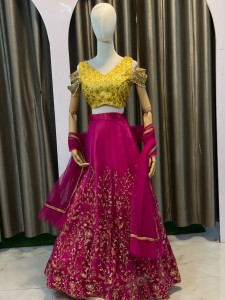 Pink Lehenga details with yellow golden Design Blouse - MLPiGolDBlo005