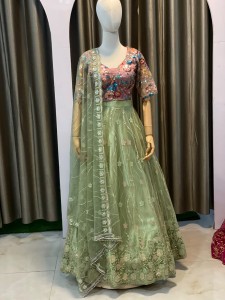 Nude Green Peach Sequins Blouse Lehenga - MLNGrPeSeBlo043