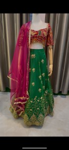 Green Lehenga Golden Details with Rani Pink Velvet Rajestani Blouse - MLGrPiBloGolD012