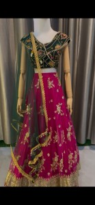 Pink Lehenga Golden Sequins Flower with Green Blouse - MLPiGolSeFlo009