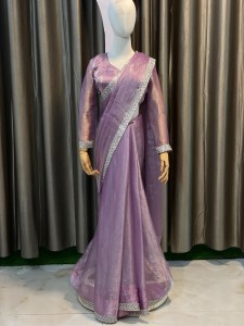 Onion Lavender Organza Sari with added Lace - SOnLvOz010