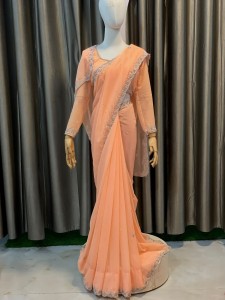 Orange Peach Sari Silver Work - SOrPeSi009