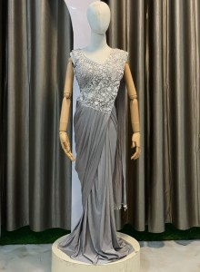 Grey Beaded Blouse Stitchable Sari