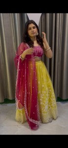 Yellow Lehenga White Flower with Pink String Blouse (Moti on String) - MLYPiWFlo030