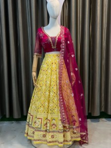 Yellow Multi Colour Lehenga Set With Rani Pink Blouse - MLYMulCPiBlo037
