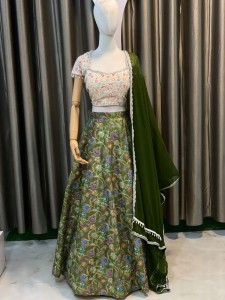 Mehendi Green Multi Colour Lehenga With White Sequins Blouse ( Plus Size ) - MLGrMulCWBlo+049