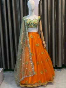 Orange Golden Flower Lehenga With Lemon Green Multi Colour Fabric - MLOrGolFloGr039