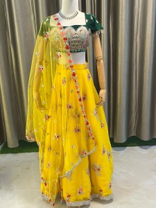 Yellow Lehenga Red Flower With Green Golden Sequins Blouse - MLYRFloGrSeBlo013