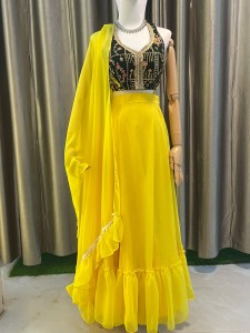 Yellow Georgette (1 - Step) Frills Lehenga with Green Halter Blouse - MLYGgFriGrBlo023
