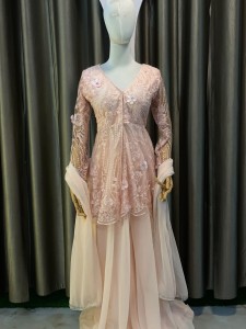 Peach Flower Wala Full sleeve sarara Set (front ma hook Design) - SSPeFlo013