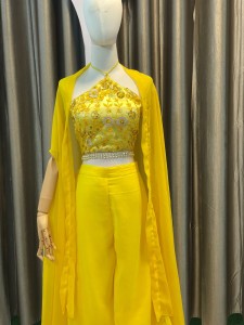 Yellow Sarwal With Yellow Golden Sequins Hulter Blouse Set - MLYGolSeBlo048
