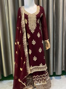 Maroon Golden Flower (Ready Made) Kurthi Set - SSMaGolFlo009