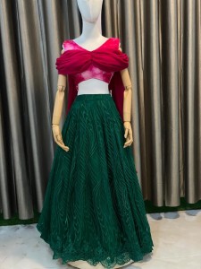 Green Lehenga Same Flower Details with Rani Pink Blouse with Attached Shawl - MLGrFloPiBlo031