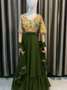 Mehendi Green Georgette ( One Step ) Frills Lehenga With Yellow Sequins Blouse Plus Size - MLGrGgFriYSeBlo+026