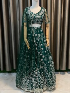 Green Lehenga White Lining Flower Details With Same Blouse - MLGrWLiFloD033