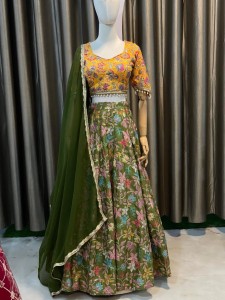 Mehendi green Rajesthani Multi Colour Lehenga Yellow Rajesthani Blouse - MLGrMulCYBlo042