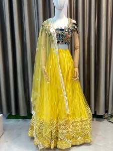 Yellow Lehenga Lining With Green Eye - Cup Beaded Blouse - MLYLiGrBeBlo021
