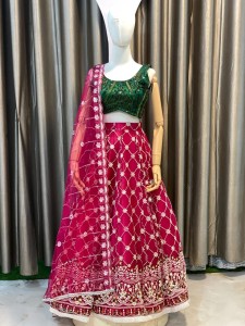 Rani Pink Golden Details With Green Beaded Blouse - MLRaPiGolDGrBlo038