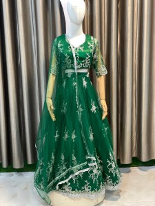 Dark Green White Flower Lehenga Set - MLDaGrWFlo044