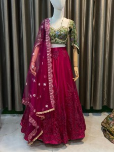 Pink Big Flower Lehenga With Lemon Green Rajesthani Blouse ( Golden Lace at the Front ) - MLPiFloGrBlo036