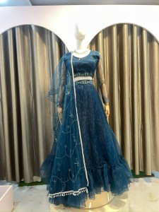 Navy Blue Organza Lehenga Set