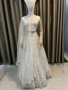 White Lehenga With Silver Details (Round Flower) - NLWSiD043