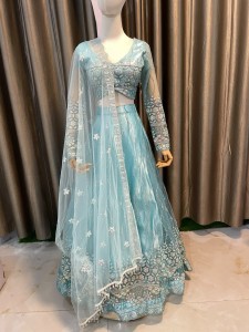 Dark Sea Sky With Lining Peach Details Lehenga - NLOcSkBLiPe050