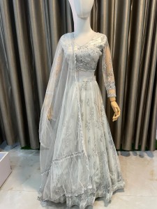 Silverish White Lehenga Silver Details (Jhumka on Waist) - NLSiWD045
