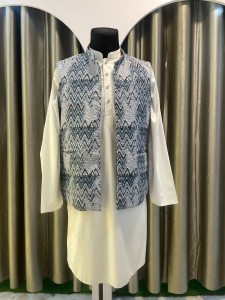 White Kurta Set with Grey Chevron Waistcoat