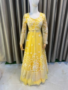 Yellow Outer Set With Georgette Skirt White Details - AGYGgW020