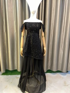 Black Sequins Off Shoulder Cord Set With Skirt - MDBlSe023