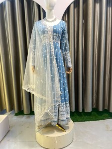 Sky Blue Anarkali with White Flower lining Butta - AGSkBWFloLi008