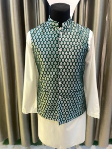 White Kurthi Set with Dark Green Modicoat