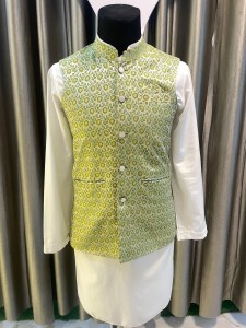 White Kurthi Set with Parrot Green Modicoat