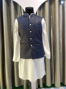 White Kurthi Set with Dark Navy Blue modicoat