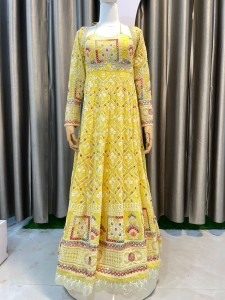 Yellow Multi colour Anarkali Set