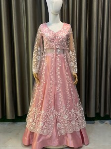 Baby Pink Skirt Silk with outer Set White Flower - AGBaPiWFlo013