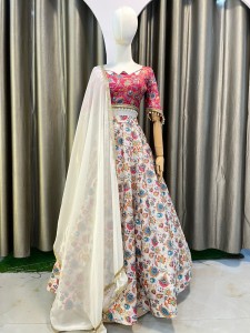 White Multicolour Lehenga with pink beaded Blouse