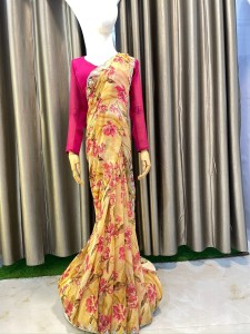 Golden Printed Sari with Rani Pink Blouse (Plus size)