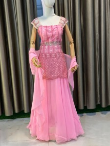 Baby Pink Same Flower Transparent Kurthi Set - SSBaPiFlo010