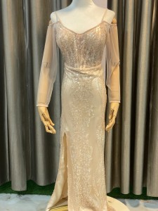 Peach Beaded Full Sleeve with Slit Party Dress - PDPeBe030