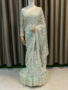 Nude Sky Blue Silver Work Heavy Sari (Net Ko)